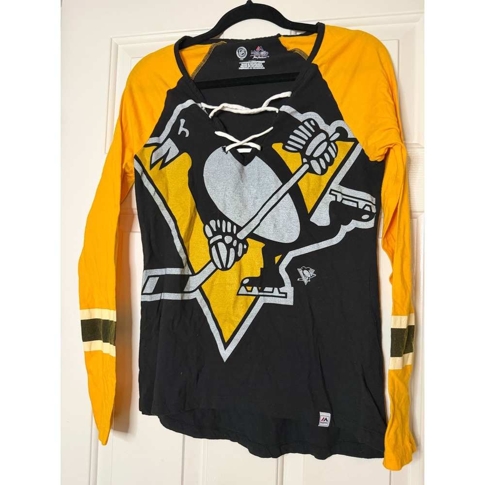 Pittsburgh Penguins Majestic Women's M Lace Up NHL Hockey Shirt Long Sleeve